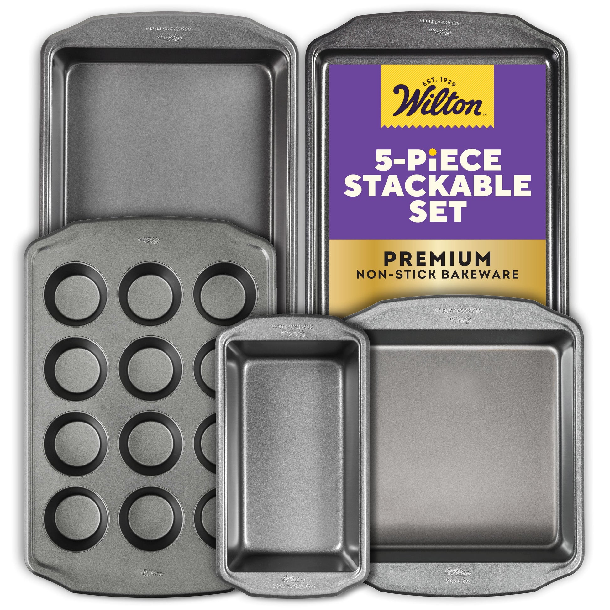 Wilton 5-Piece Premium Stackable Non-Stick Bakeware Set, Great Gift for Housewarming & Weddings, Includes 12-Cup Muffin Pan, Medium Baking Sheet, Loaf Pan, Square Pan & Oblong Pan