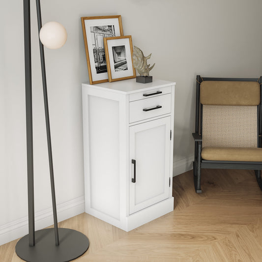 Wine Bar Cabinet with Hutch, Modular Storage Cabinet for Dining Room or Office with Drawer and Shelves, White Finish, Versatile Home Organization