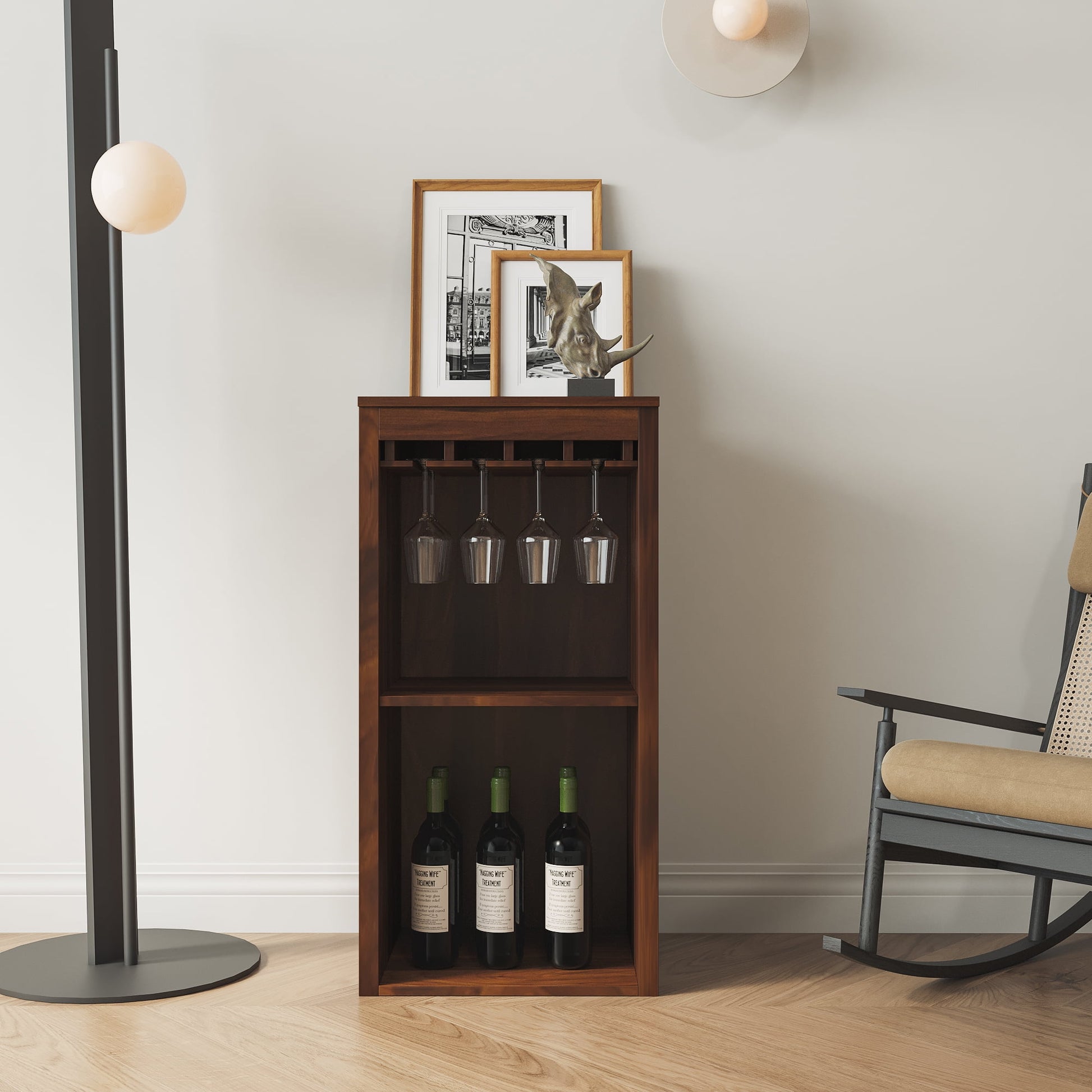 Wine Cabinet with Open Shelves and Attached Hutch, Modular Buffet for Living Room or Home Office, Brown Walnut Finish, Multi-Functional Display and Storage