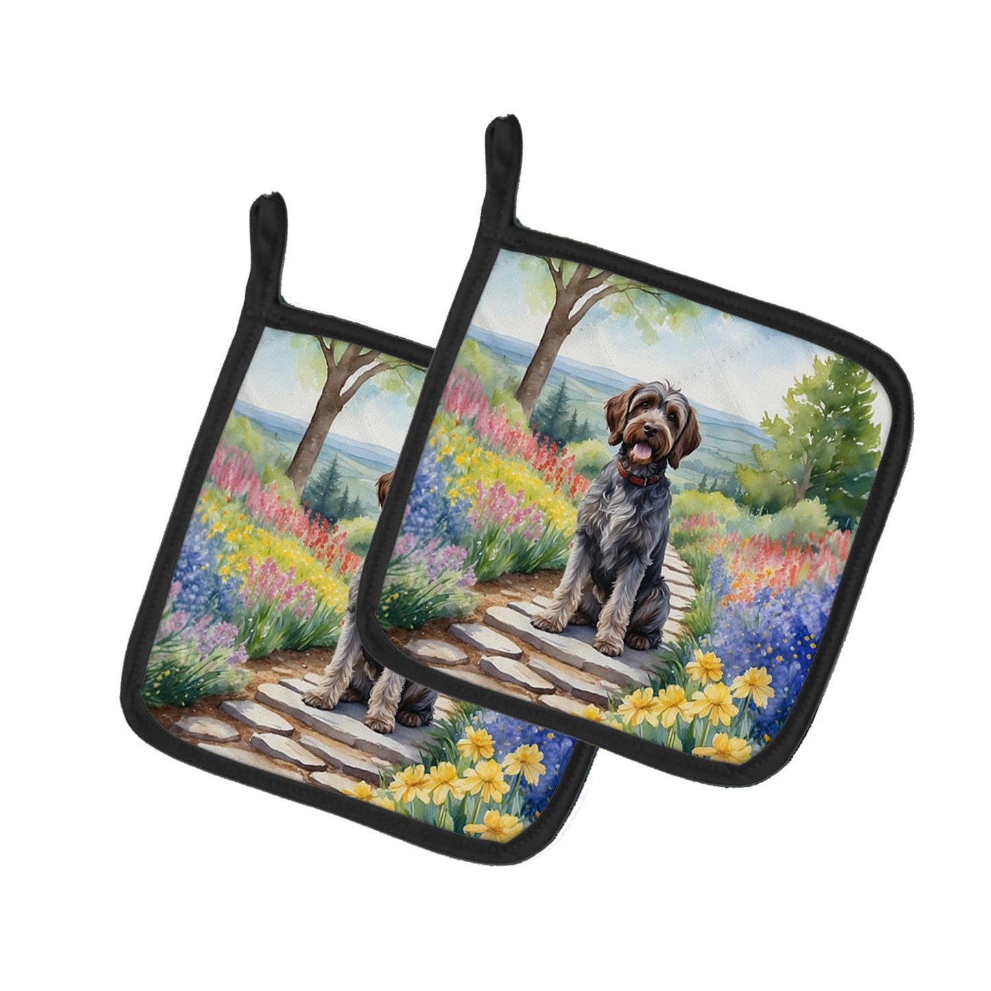 Wirehaired Pointing Griffon Spring Path Pair of Pot Holders 7.5 in x 7.5 in