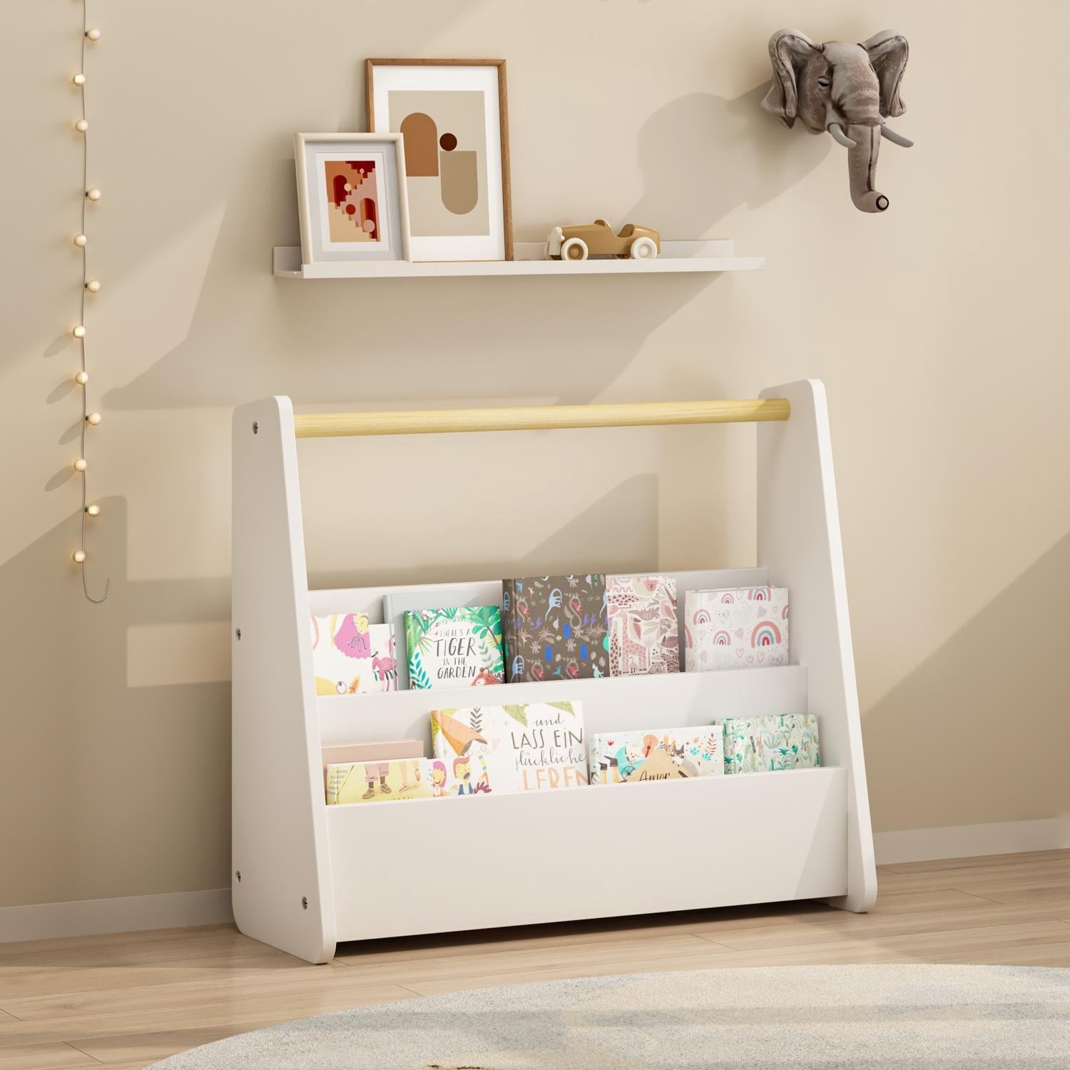 Wooden Handle Bookshelf, 2-Tier Front-Facing Toddler Bookcase Rack, Portable Book Storage Display Organizer for Playroom Nursery Classroom, White