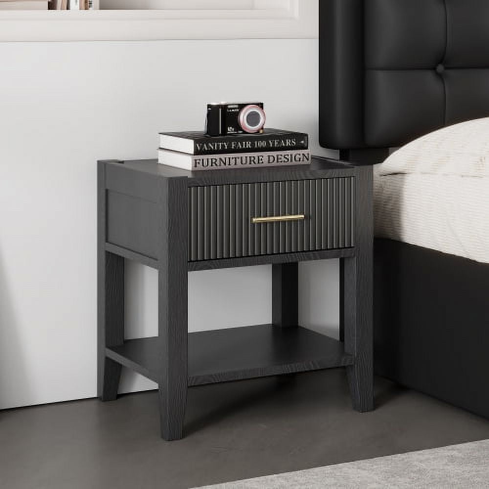 Wooden Nightstand with Gold Handle, Bedside Table with 1 Open Storage and 1 Drawer, End Table for Living Room, Bedroom, Black