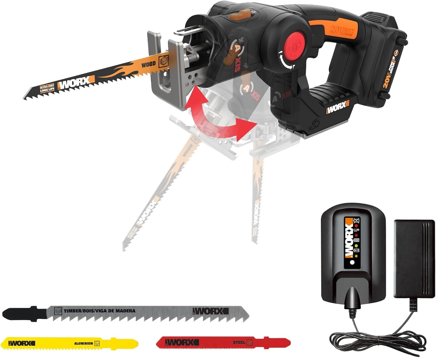 Worx Power Share 20V Axis 2 In 1 Reciprocating Saw And Jigsaw Kit