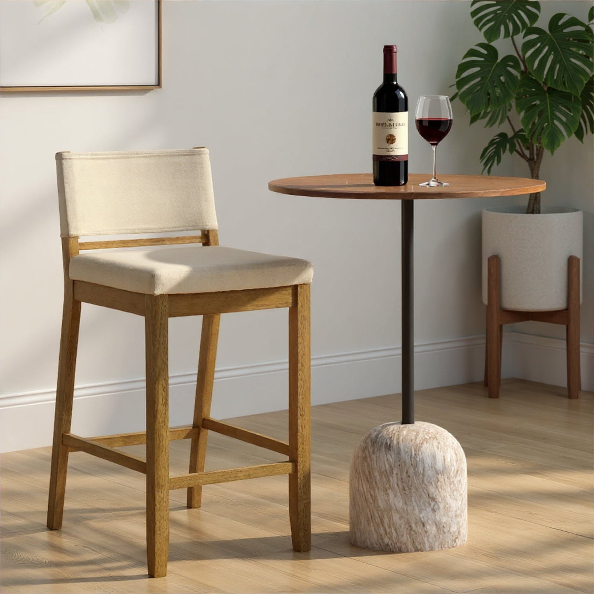Yaneli Contemporary Natural Wood Bar Height Kitchen Bar Stool in Amber Glow Finish with White Fabric Upholstered Seat