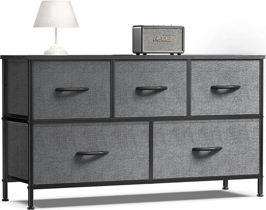 edx 5 Drawer Fabric Dresser for Bedroom, Chest of Drawer Organizer Storage Cabinet for Closet, Entryway, Grey