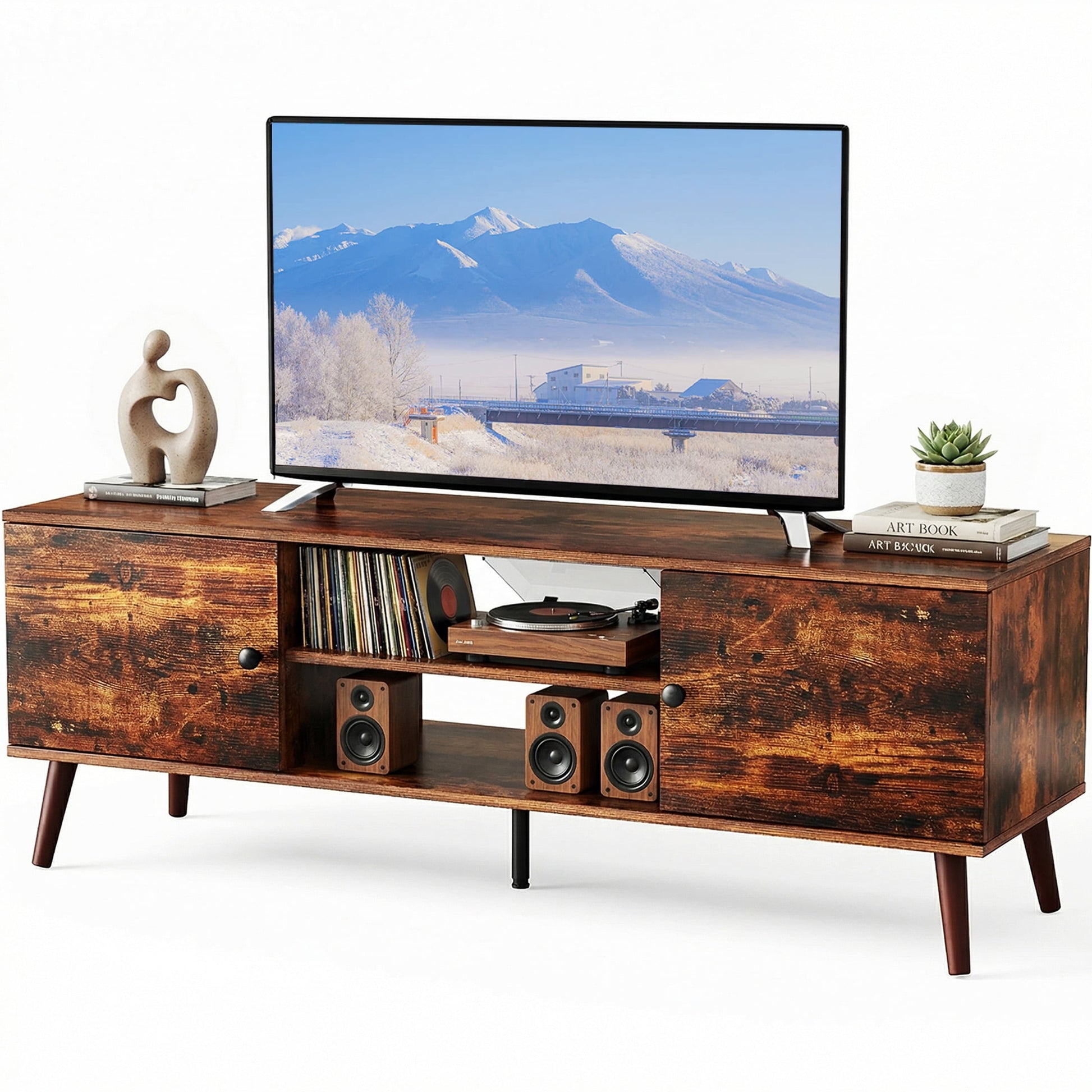 EDX 55-60Inch TV Stand, Entertainment Center, Mid-Century Modern TV Media Console, Ample Storage Cabinet, Adjustable Wooden TV Table for Living Room or Bedroom, Rust Brown