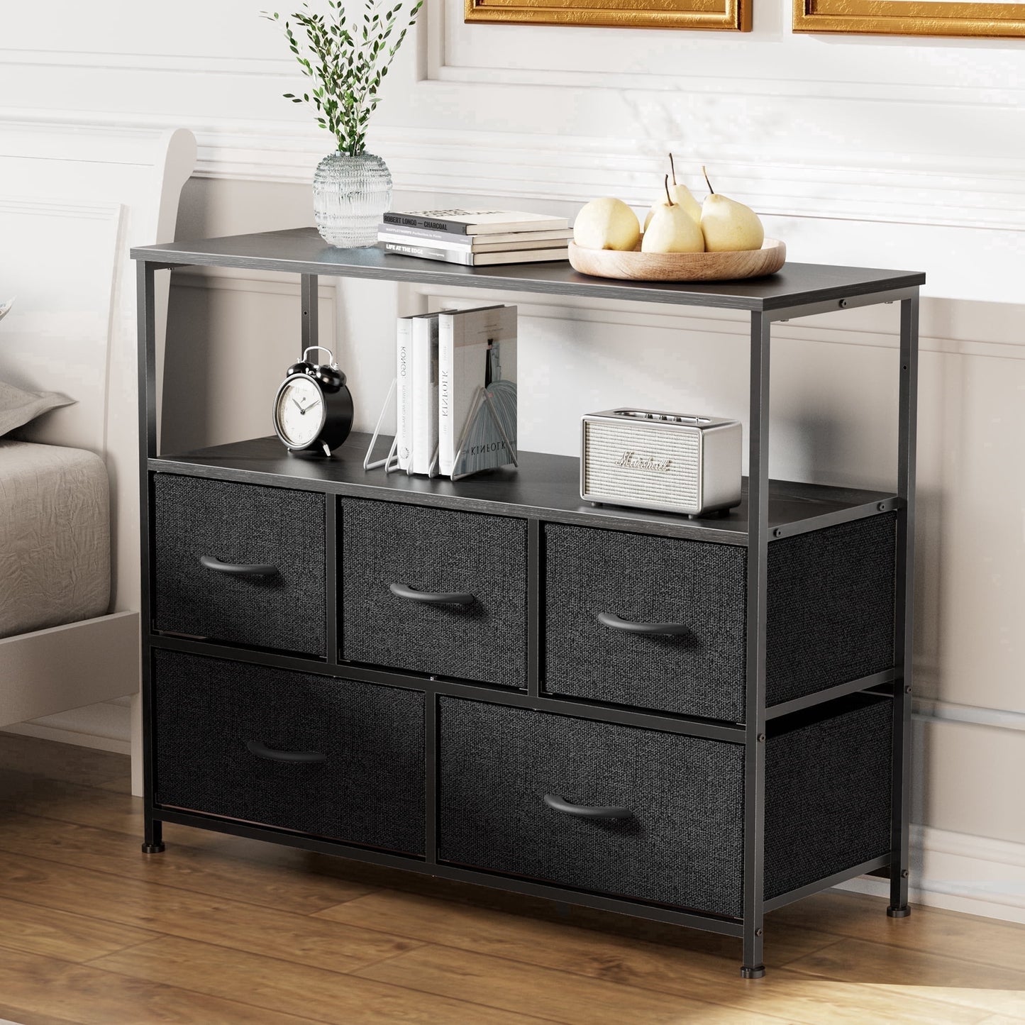 edx TV Stand with 5 Drawer Dresser Open Shelves, Fits TV up to 45 Inches, Black