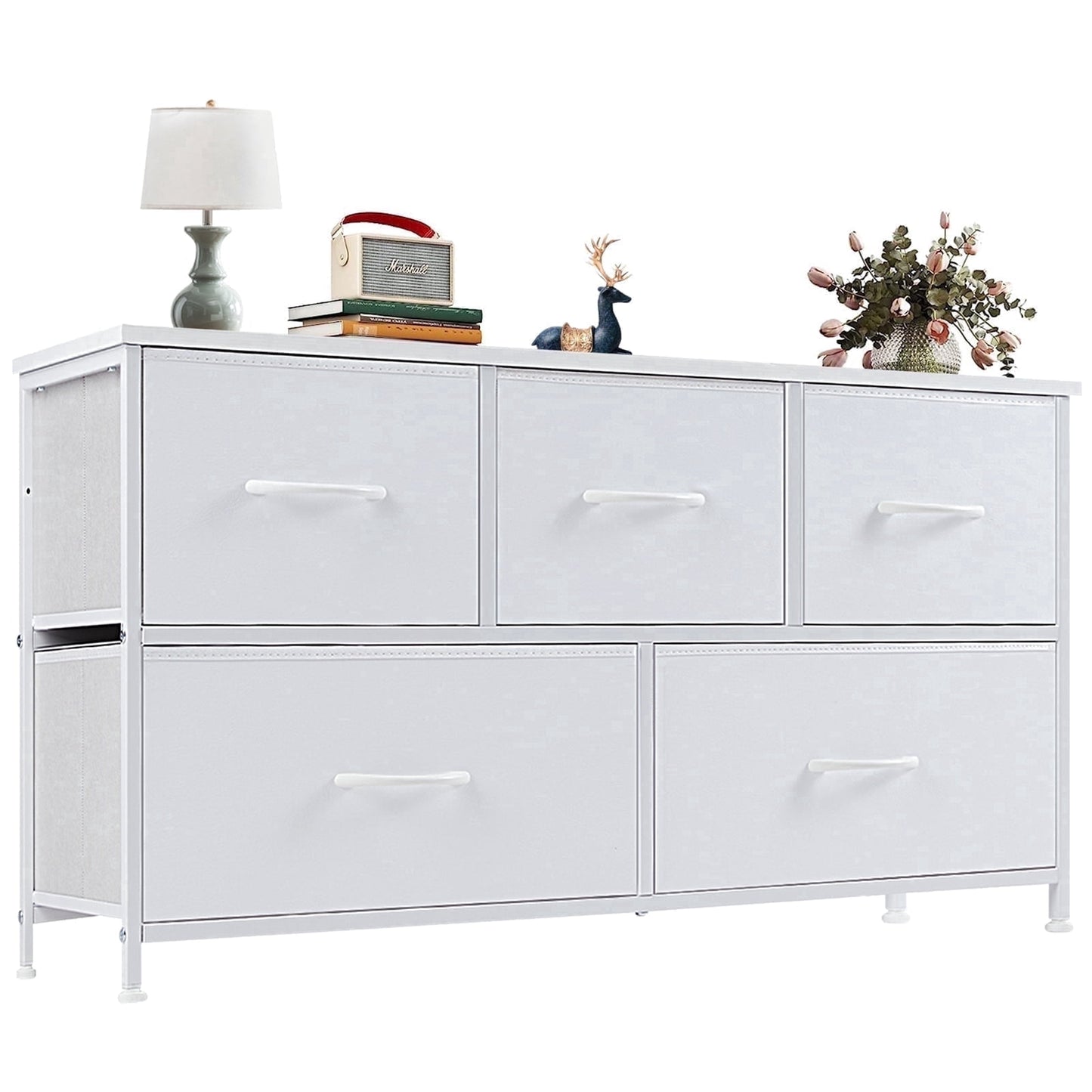 edx 5 Drawer Fabric Dresser for Bedroom, Chest of Drawer Organizer Storage Cabinet for Closet, Entryway, White
