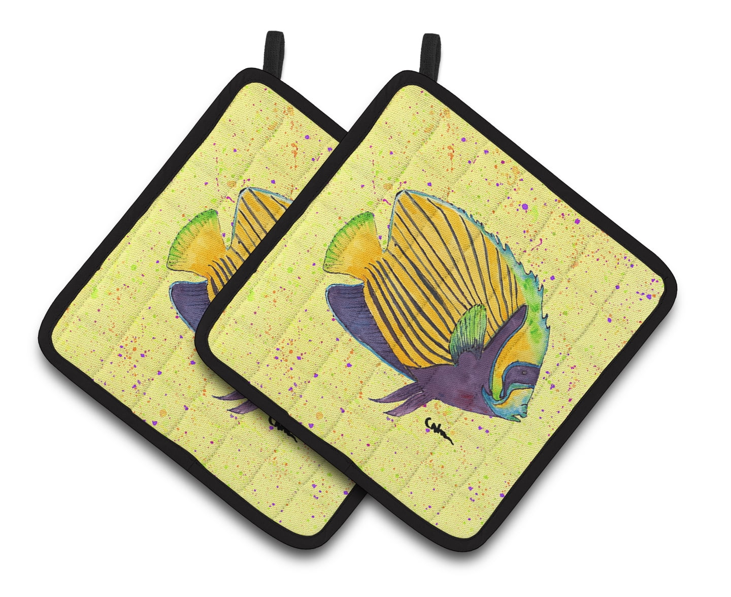 Yellow Fish on Yellow Pair of Pot Holders