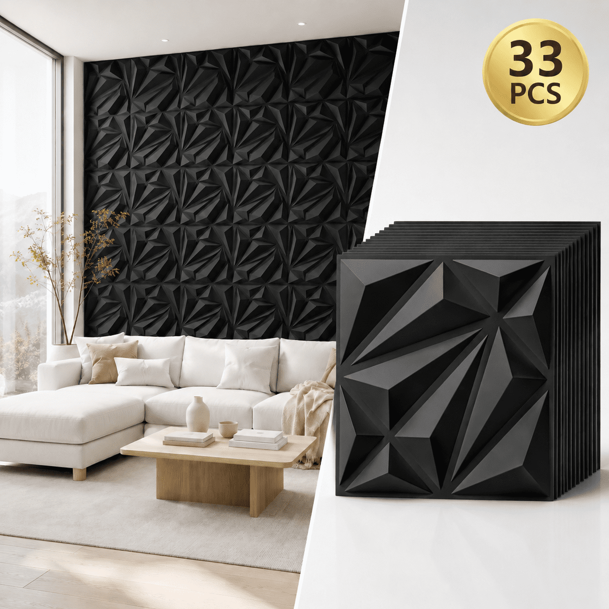 Yeslife 33-Pack Black PVC 3D Wall Panel Set, 11.8"x11.8" Diamond Pattern Accent Wall Covering for Interior Home DÃ©cor - Living Room, Bedroom, Office, TV Background