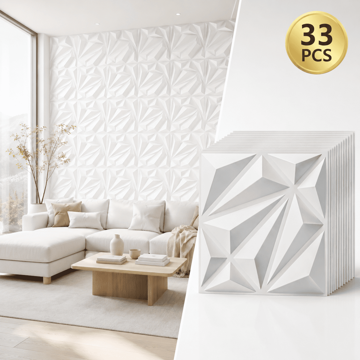 Yeslife 33-Pack White PVC 3D Wall Panel Set, 11.8"x11.8" Diamond Pattern Accent Wall Covering for Interior Home DÃ©cor - Living Room, Bedroom, Office, TV Background