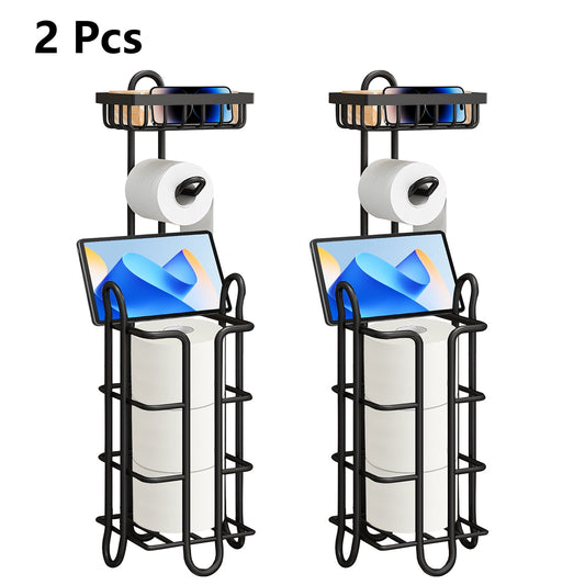 Yoneston 2 Pcs Toilet Paper Holder with Large Top Shelf Heavy Duty Bathroom Freestanding Toilet Paper Roll Stand, Iron Black