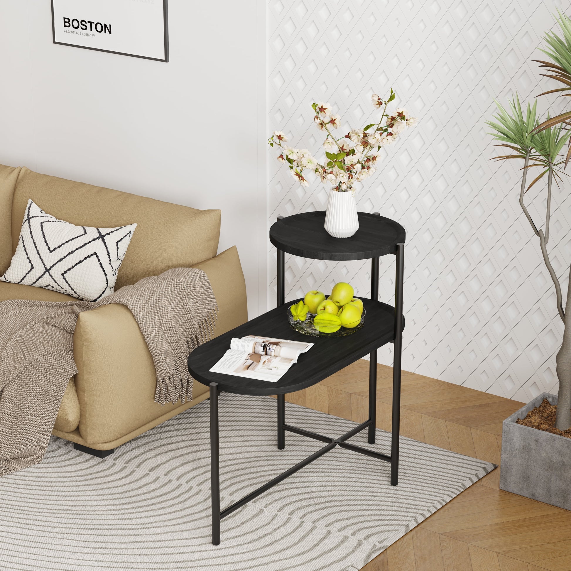 Yoneston 2-Tier Round End Table with Storage Tray Wood Small Side Table for Living Room, Bedroom, Kitchen, Black