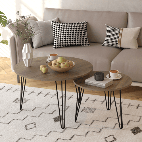Yoneston 27.56" Round Nesting Coffee Table Set of 2, Wooden Tabletop End Table with Sturdy Metal Legs for Living Room Bedroom, Brown