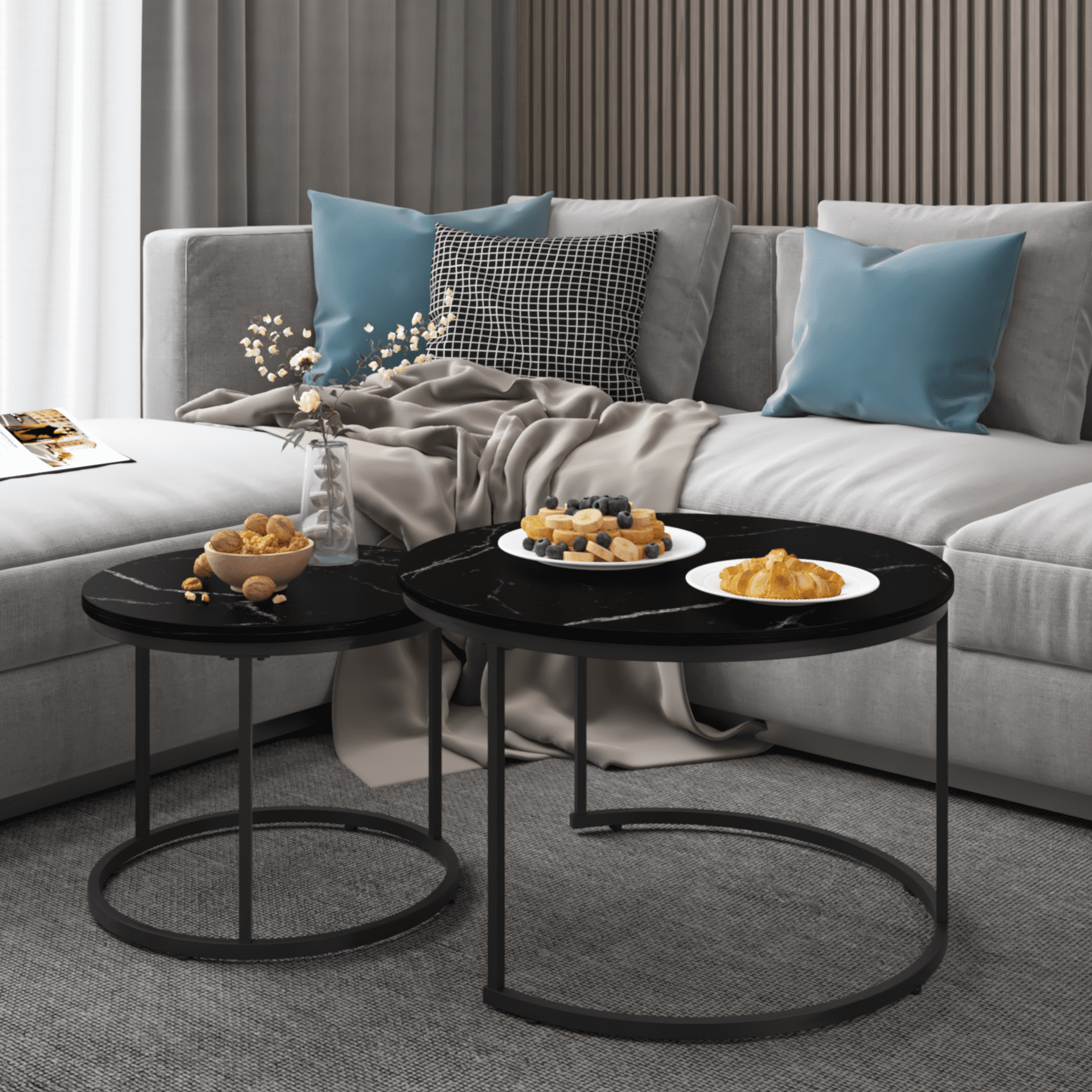 Yoneston 27.6" Round Coffee Table Set of 2, Wood Marble Pattern Top with Sturdy Metal Frame for Living Room Bedroom Balcony Yard, Black