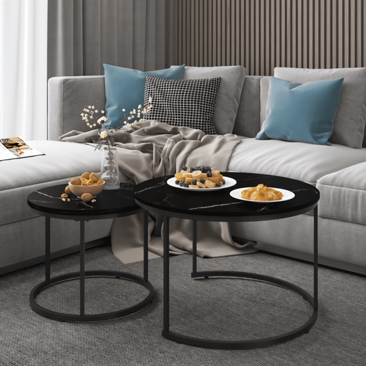 Yoneston 27.6" Round Coffee Table Set of 2, Wood Marble Pattern Top with Sturdy Metal Frame for Living Room Bedroom Balcony Yard, Black