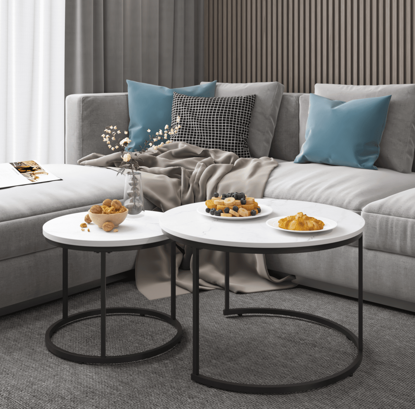 Yoneston 27.6" Round Coffee Table Set of 2, Wood Marble Pattern Top with Sturdy Metal Frame for Living Room Bedroom Balcony Yard, White