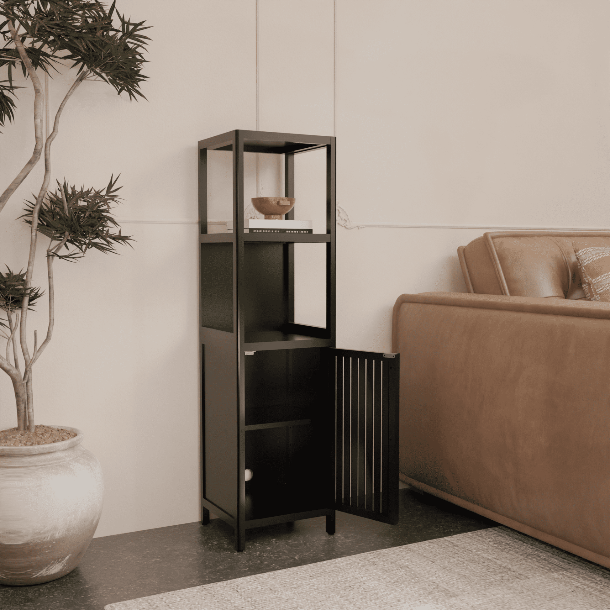Yoneston 4-Tier Bamboo Bathroom Shelf Storage Cabinet, Tall Slim Cabinet Freestanding with Shelves and Door, Display Shelves for Living Room, Black