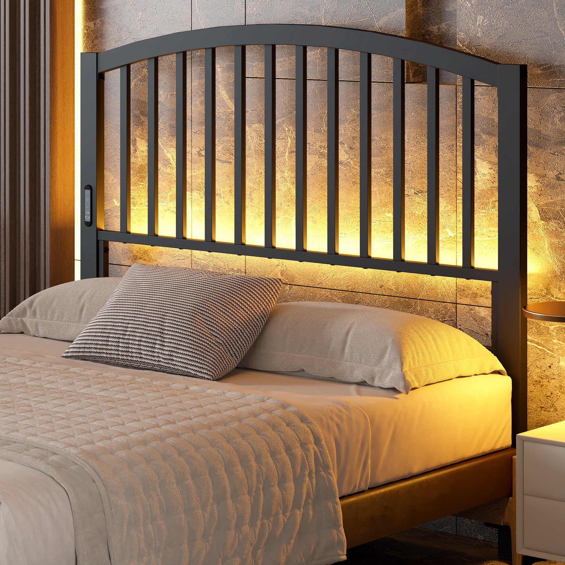 Yoneston 46.76â€ High Arc Metal Full Size Headboard with LED Light & Charging, Height Adjustable Metal Platform Bed Headboard â€“ Black
