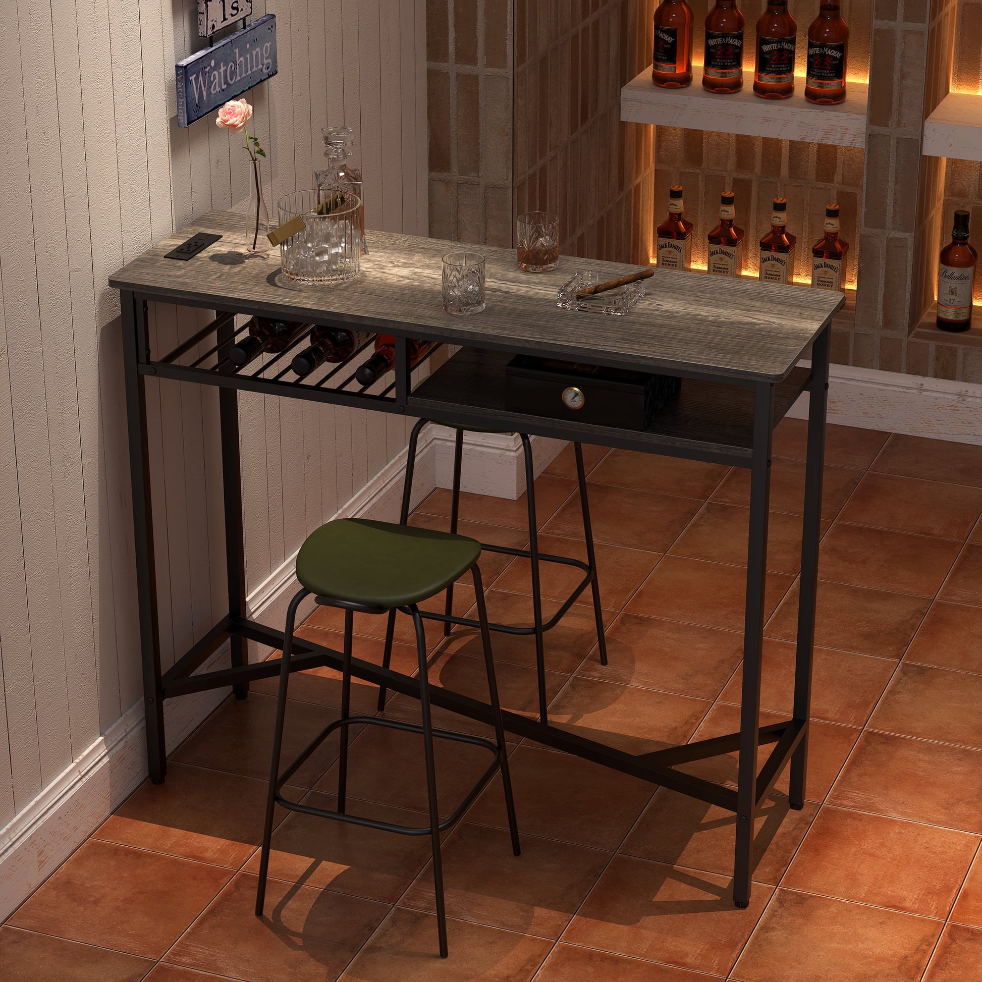 Yoneston 47.25" Bar Table with Charging Station, Rectangular High Kitchen Dining Counter Table with 2 Storage Shelves for Living Room Office Balcony, Black Oak