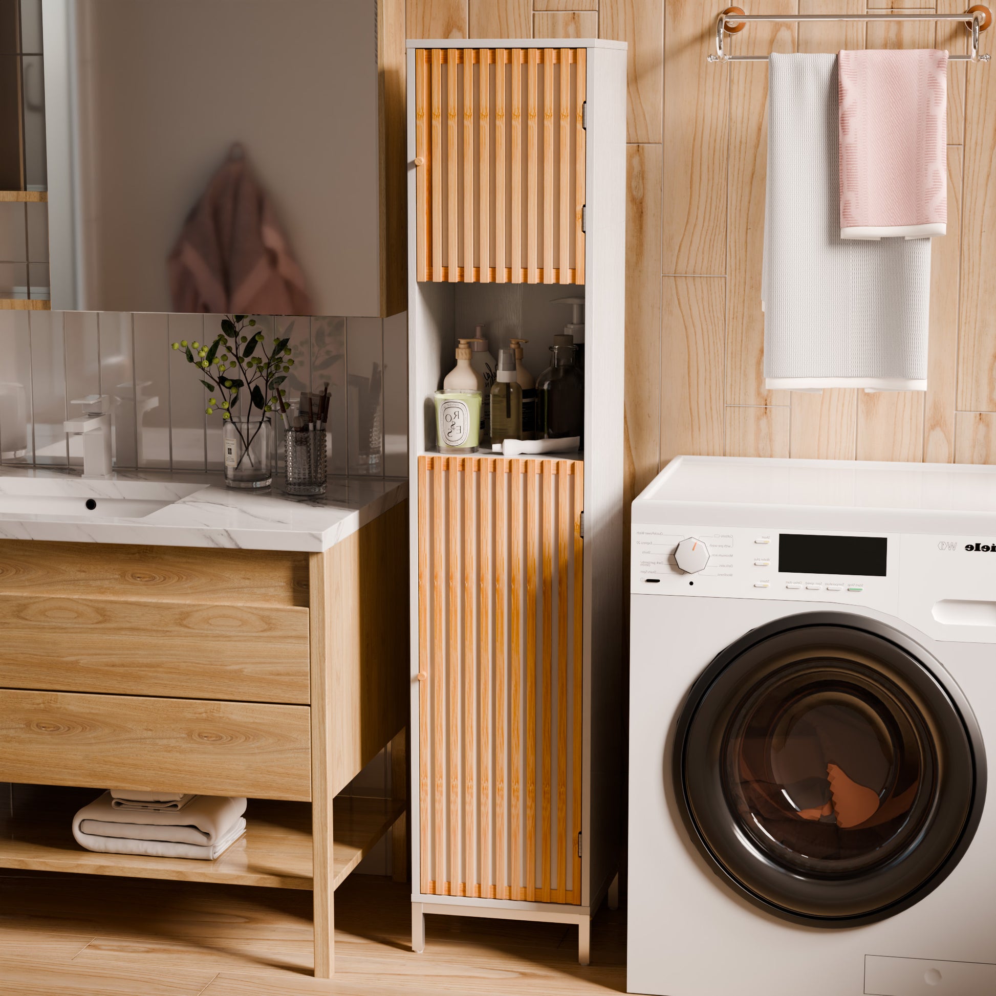 Yoneston 65â€Tall Bathroom Storage Cabinet with 2 Bamboo Slats Door & 5 Shelves, Freestanding Narrow Storage Cabinet for Laundry Room Bathroom, White