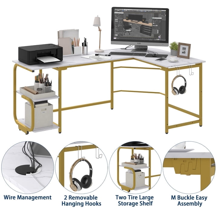 Yoneston 70" L Shape Computer Desk with 2-tier Bookshelf Storage, Large Home Office Corner Computer Table with Hooks, White Marble