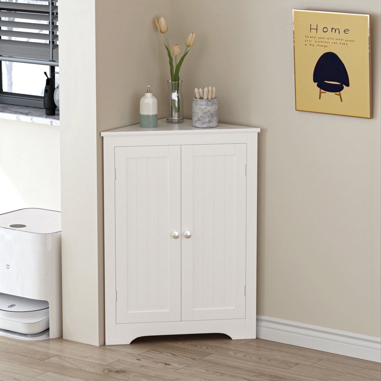 Yoneston Floor Corner Cabinet with 2 Doors and Adjustable Shelves, Freestanding Narrow Cabinet Organizer for Bathroom Kitchen Living Room Bedroom, White