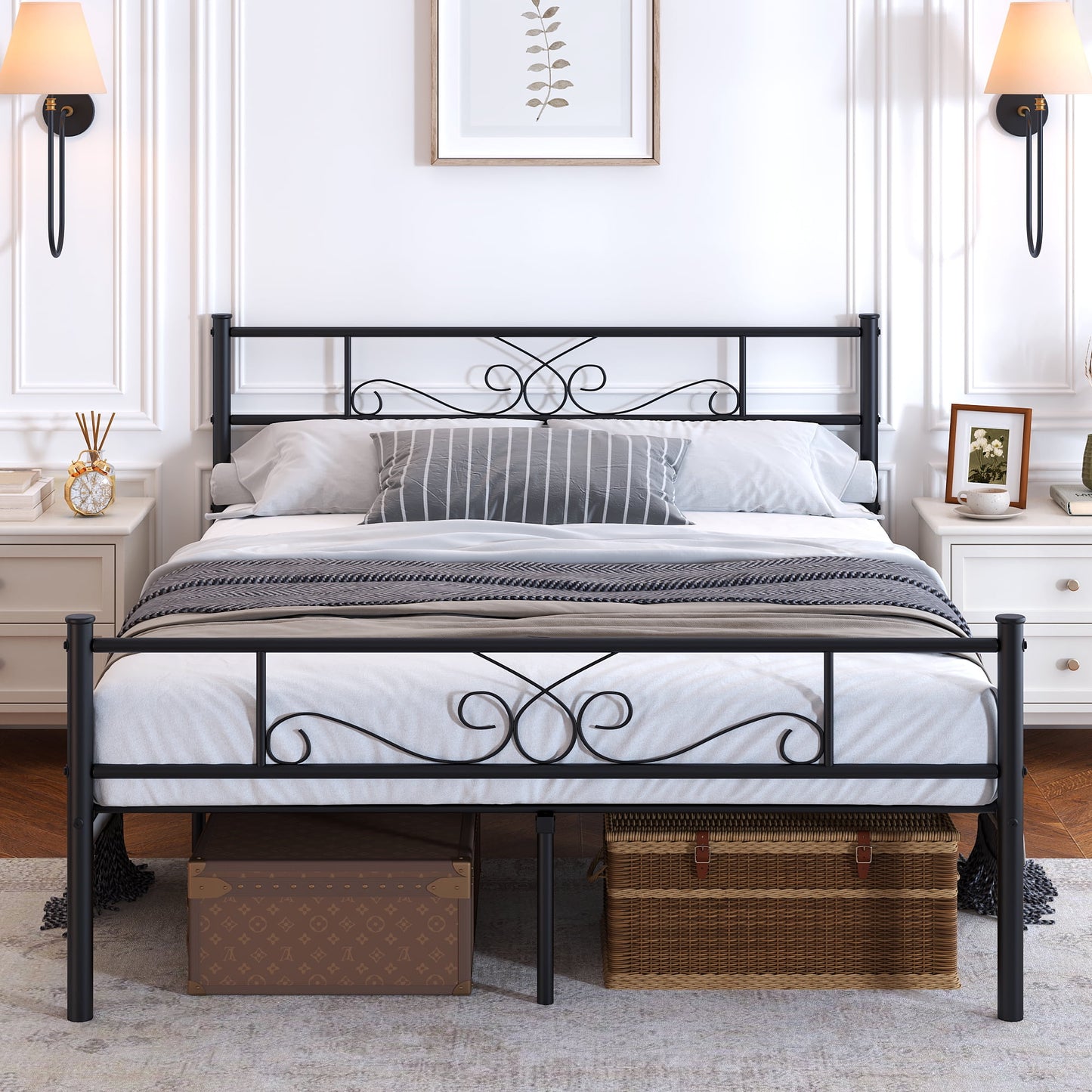 Yoneston Full Size Metal Bed Frame with Retro Headboard & Under-Bed Storage for Teens, Youths Bedroom Furniture, Black