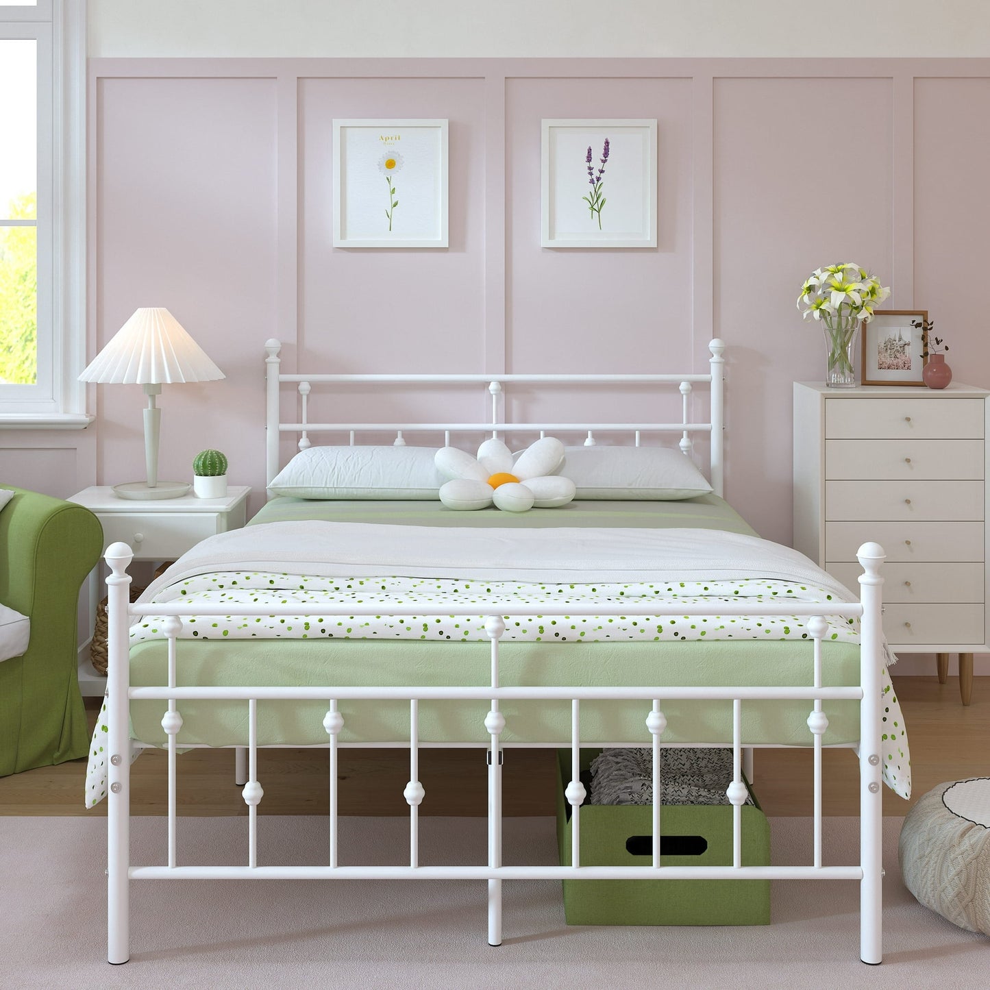 Yoneston Full Size Metal Platform Frame with Retro Headboard and 14-Inch Storage for Teens Adult, No Box Spring Needed - White