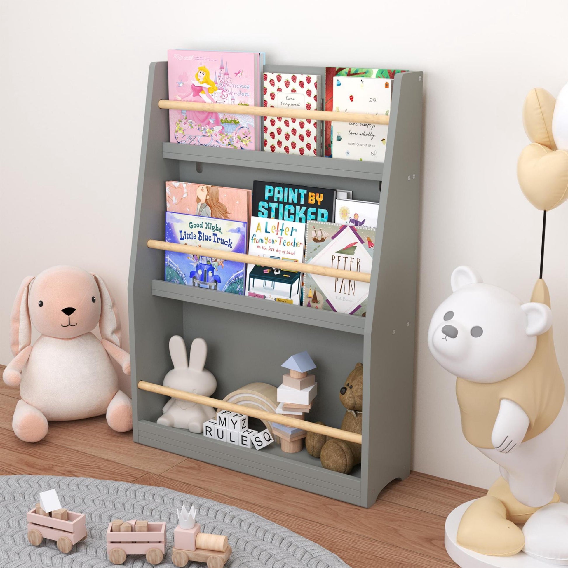 Yoneston Kids 3-Tier Bookcase with Wood Rails, Children's Standing Display Bookshelf for Playroom, Bedroom, Nursery, Gray