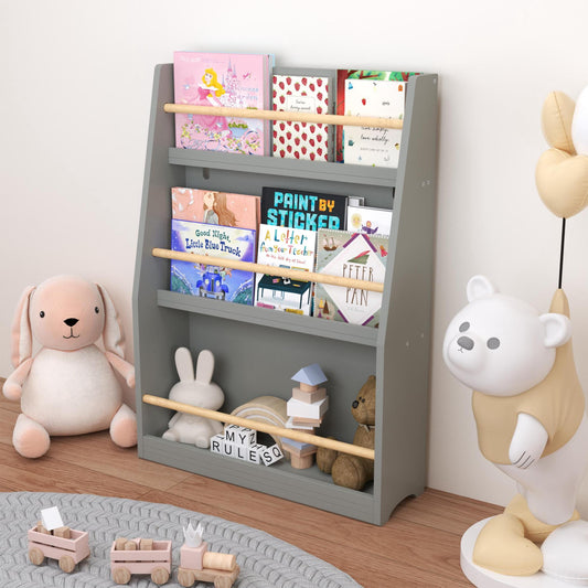 Yoneston Kids 3-Tier Bookcase with Wood Rails, Children's Standing Display Bookshelf for Playroom, Bedroom, Nursery, Gray