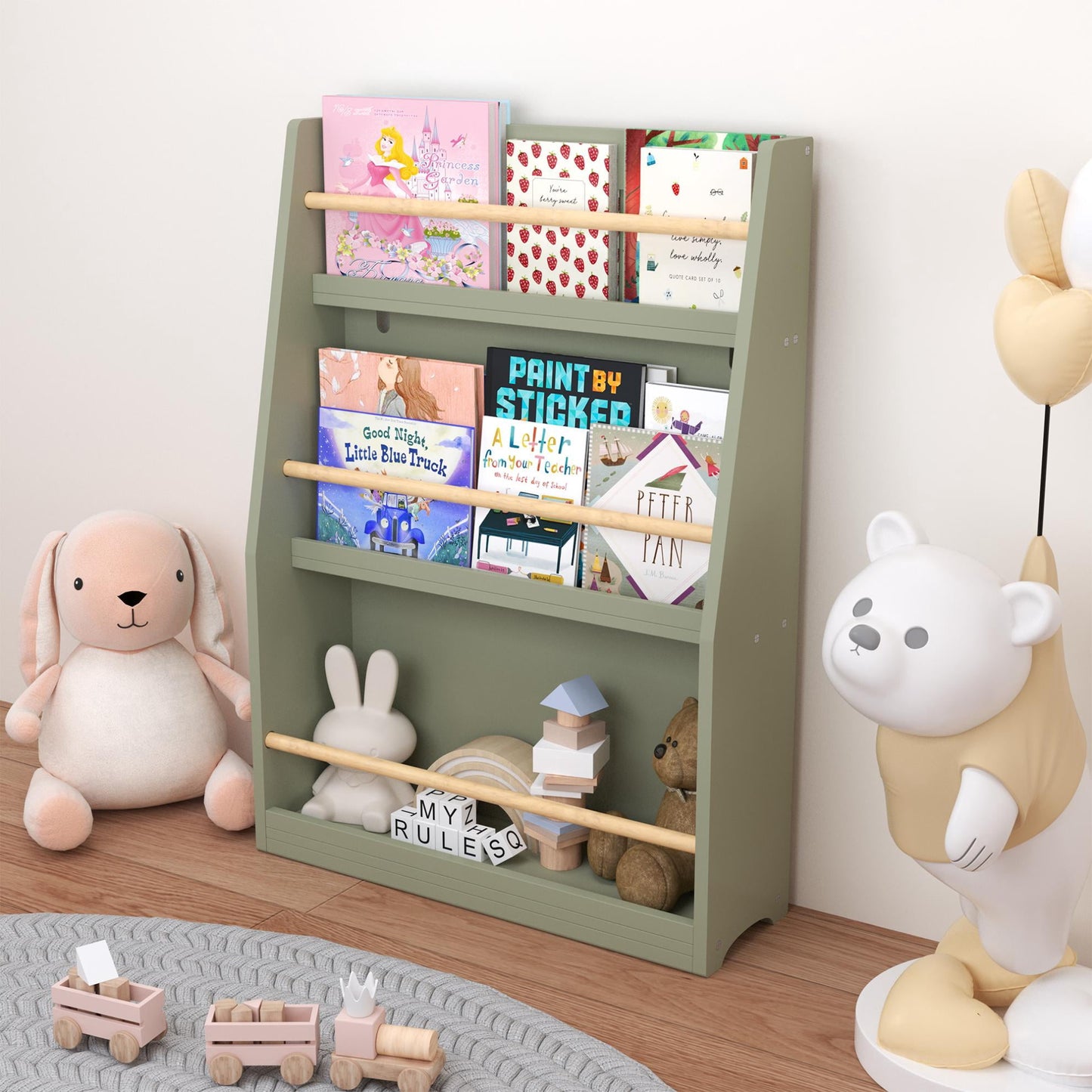 Yoneston Kids 3-Tier Bookcase with Wood Rails, Children's Standing Display Bookshelf for Playroom, Bedroom, Nursery, Sage Green