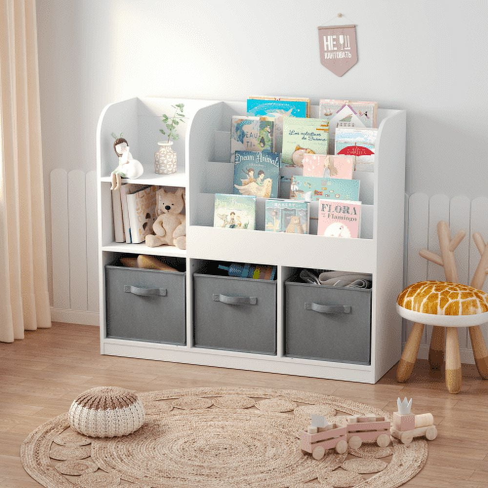 Yoneston Kids Bookcase with 3 Collapsible Fabric Drawers, Multifunctional Toy Storage Organizer with Bookcase Display Stand for Bedroom Playroom Hallway, White+Gray