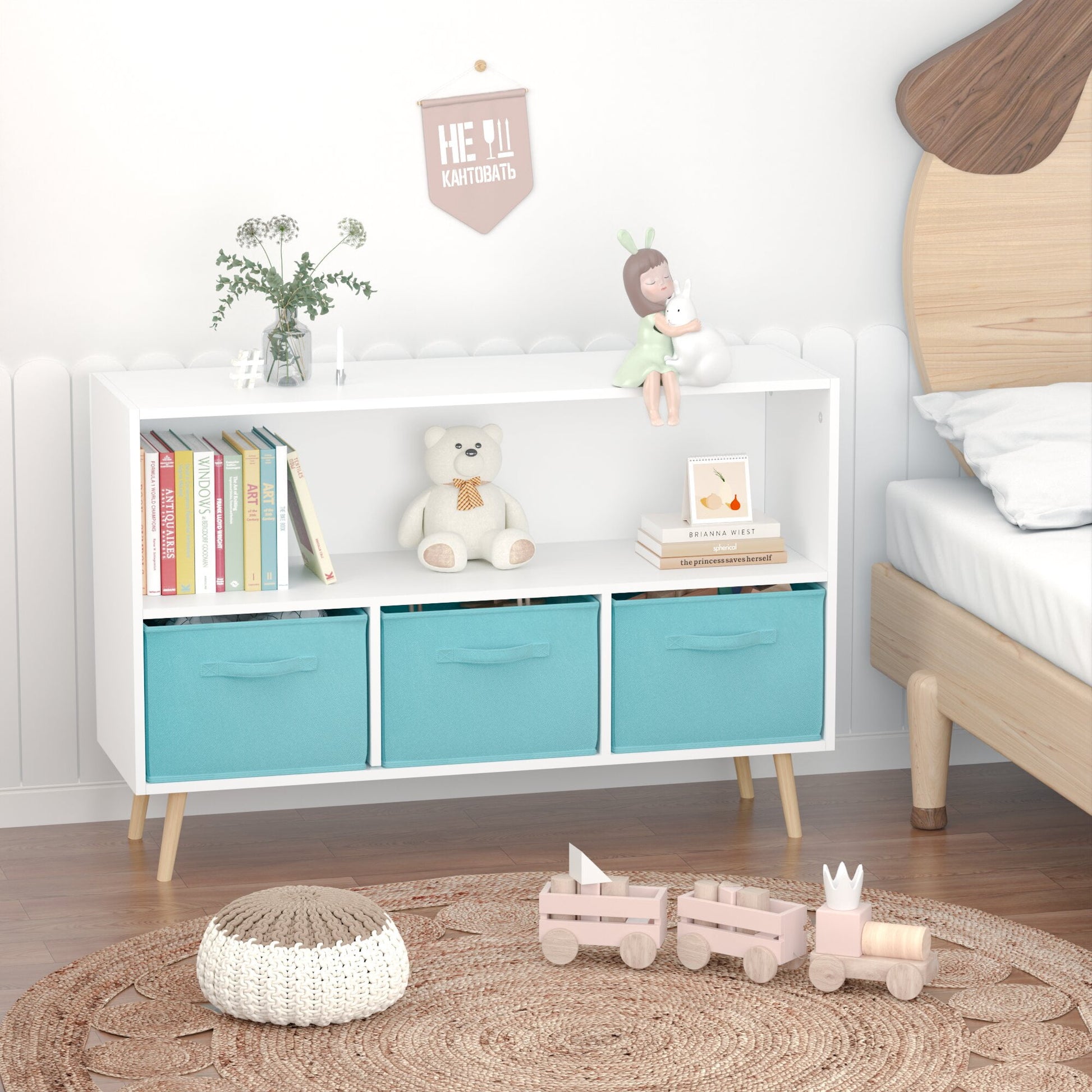 Yoneston Kids Bookcase with 3 Collapsible Fabric Drawers, Children's Toy Storage Organizer Book Display Cabinet for Playroom, Bedroom, White+Blue