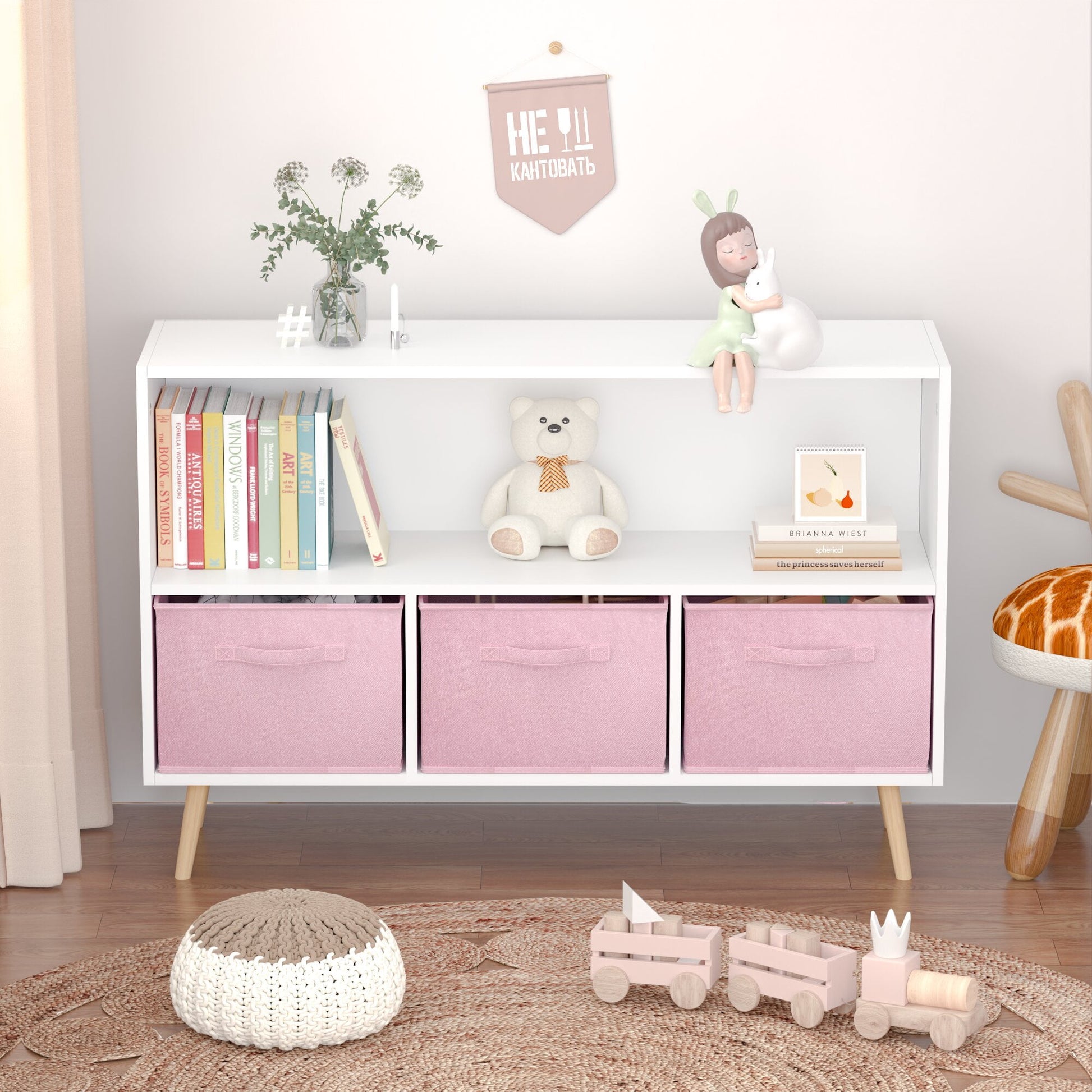 Yoneston Kids Bookcase with 3 Collapsible Fabric Drawers, Children's Toy Storage Organizer Book Display Cabinet for Playroom, Bedroom, White+Pink