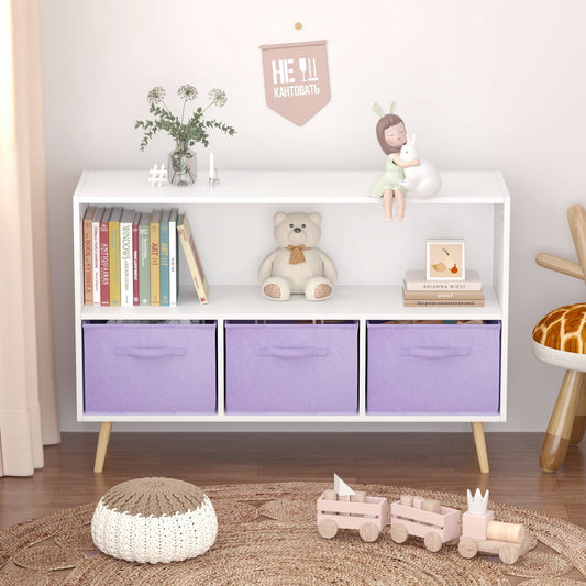 Yoneston Kids Bookcase with 3 Collapsible Fabric Drawers, Children's Toy Storage Organizer Book Display Cabinet for Playroom, Bedroom, White+Purple