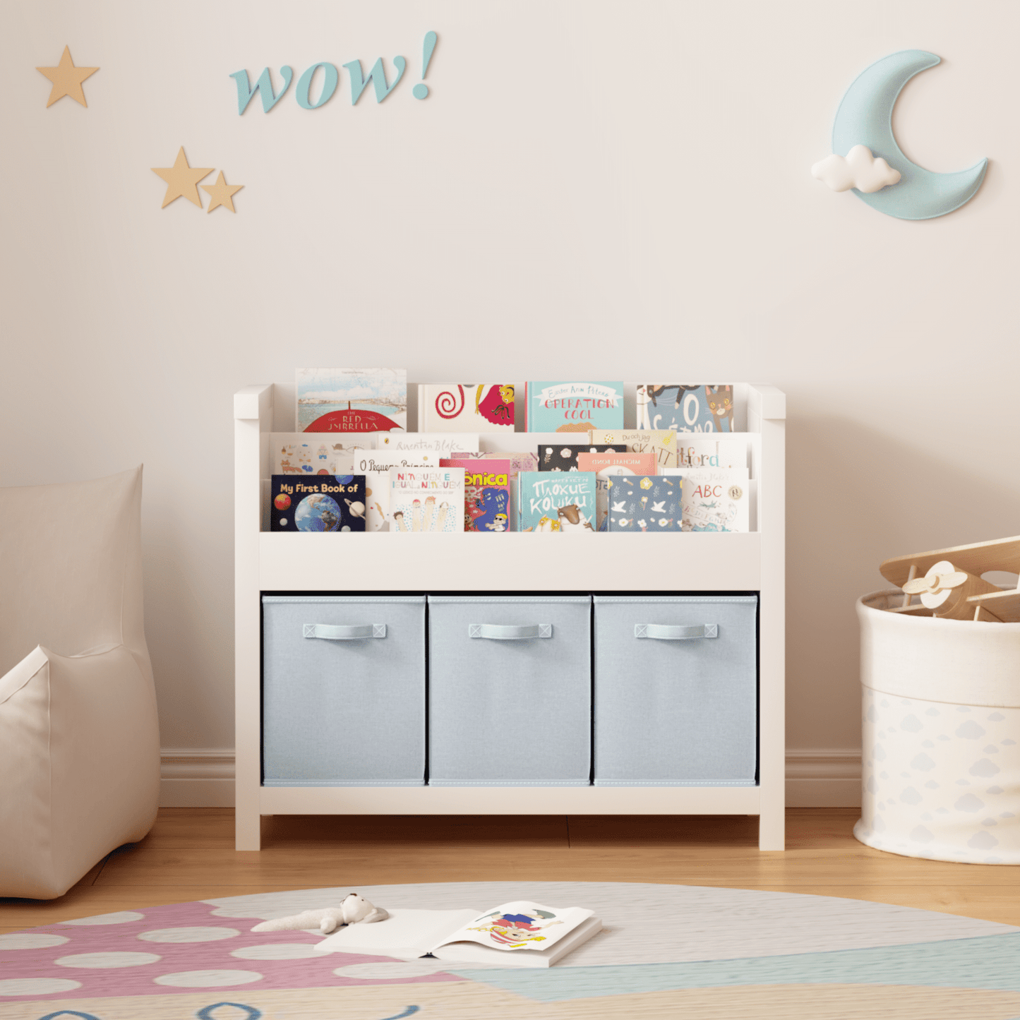 Yoneston Kids Bookshelf with 3 Fabric Storage Bins & 3 Tier Shelves, Wooden Book Rack with Solid Legs for Playroom Nursery Bedroom, White & Blue