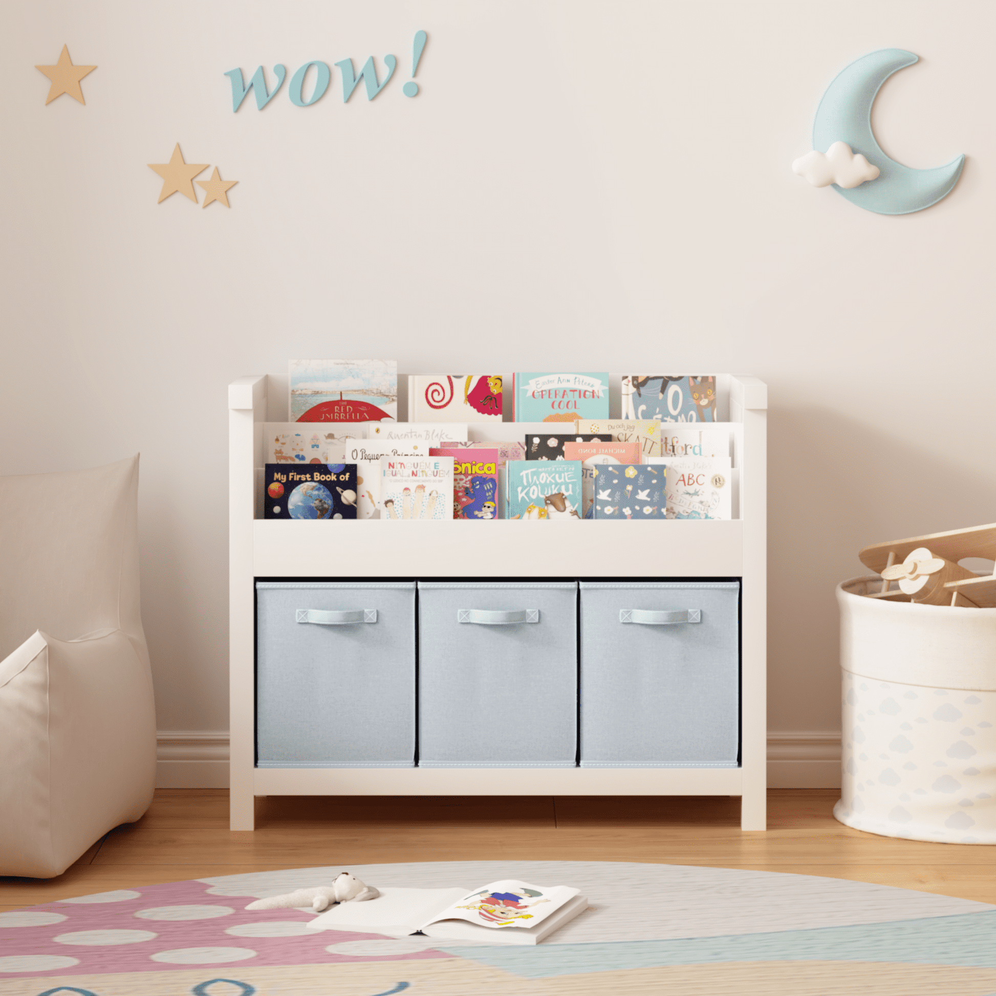 Yoneston Kids Bookshelf with 3 Fabric Storage Bins & 3 Tier Shelves, Wooden Book Rack with Solid Legs for Playroom Nursery Bedroom, White & Blue