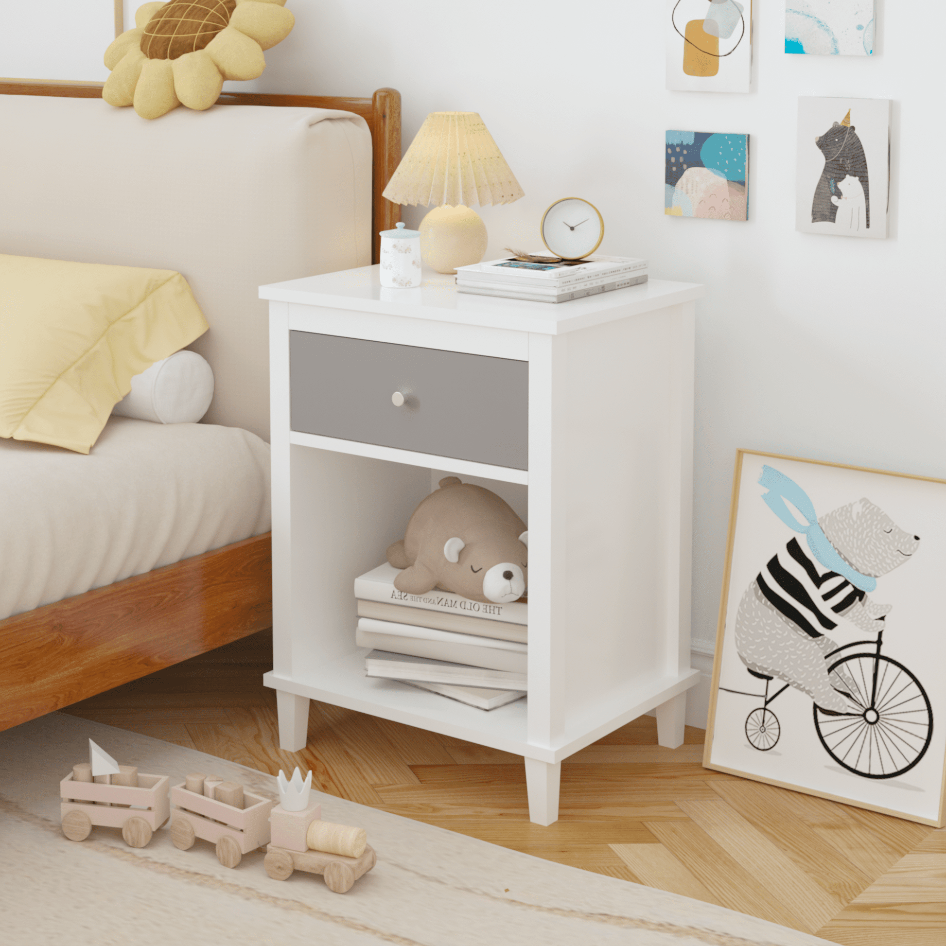 Yoneston Kids Modern Nightstand with Drawer and Open Shelf, Simple Bedside Table for Bedroom, Kids Room, White+Grey