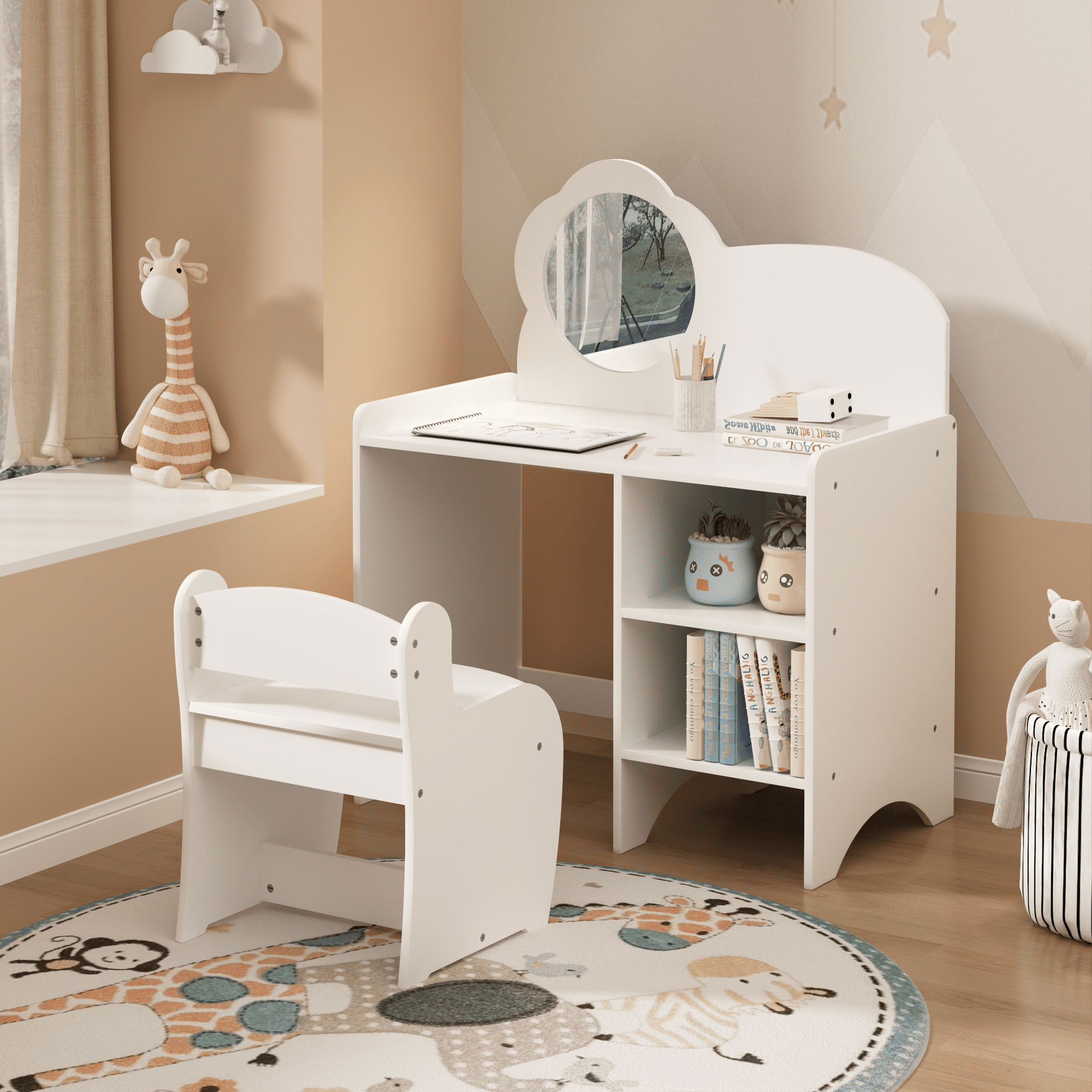 Yoneston Kids Vanity Table with Mirror and Chair, Gril's Dressing Makeup Desk with Storage Shelves Children's Activity Table for Playroom Bedroom - White