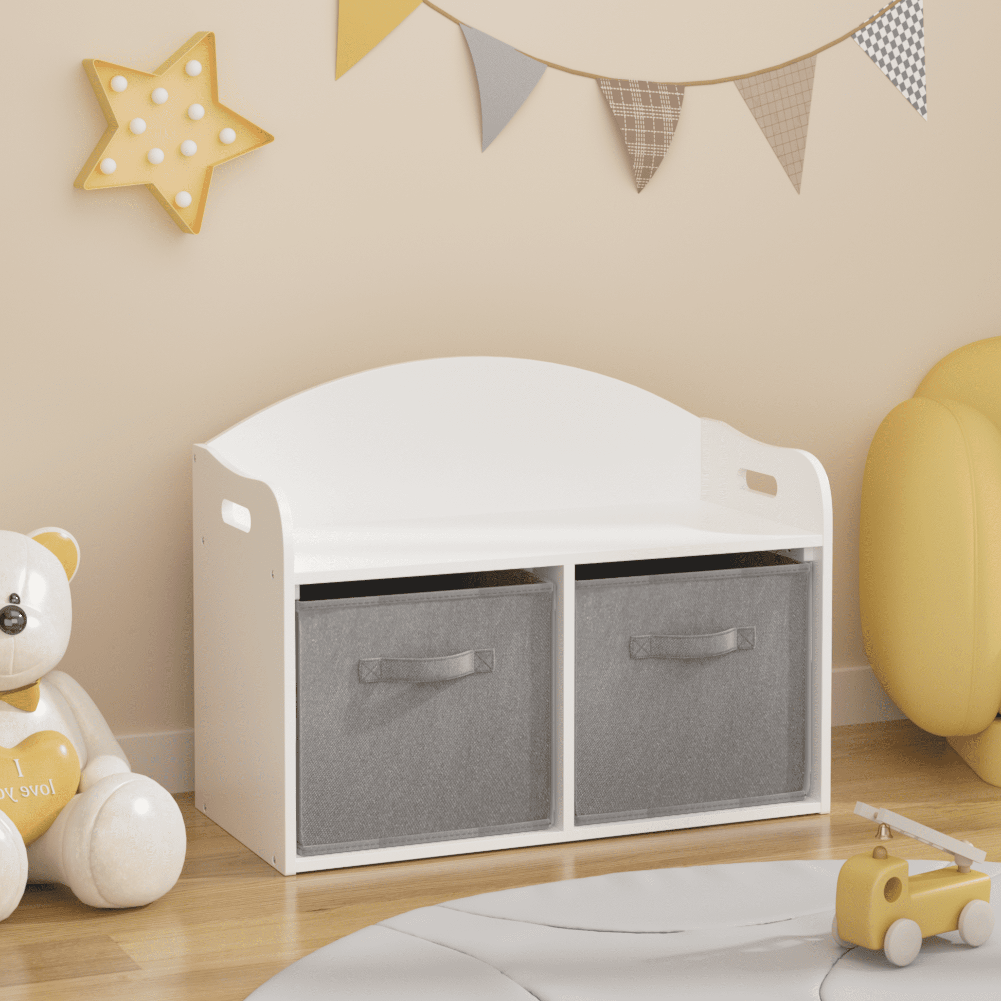 Yoneston Kids Wooden Storage Bench with Collapsible Fabric Drawers,Toy Storage Cabinet Organizer for Children, White