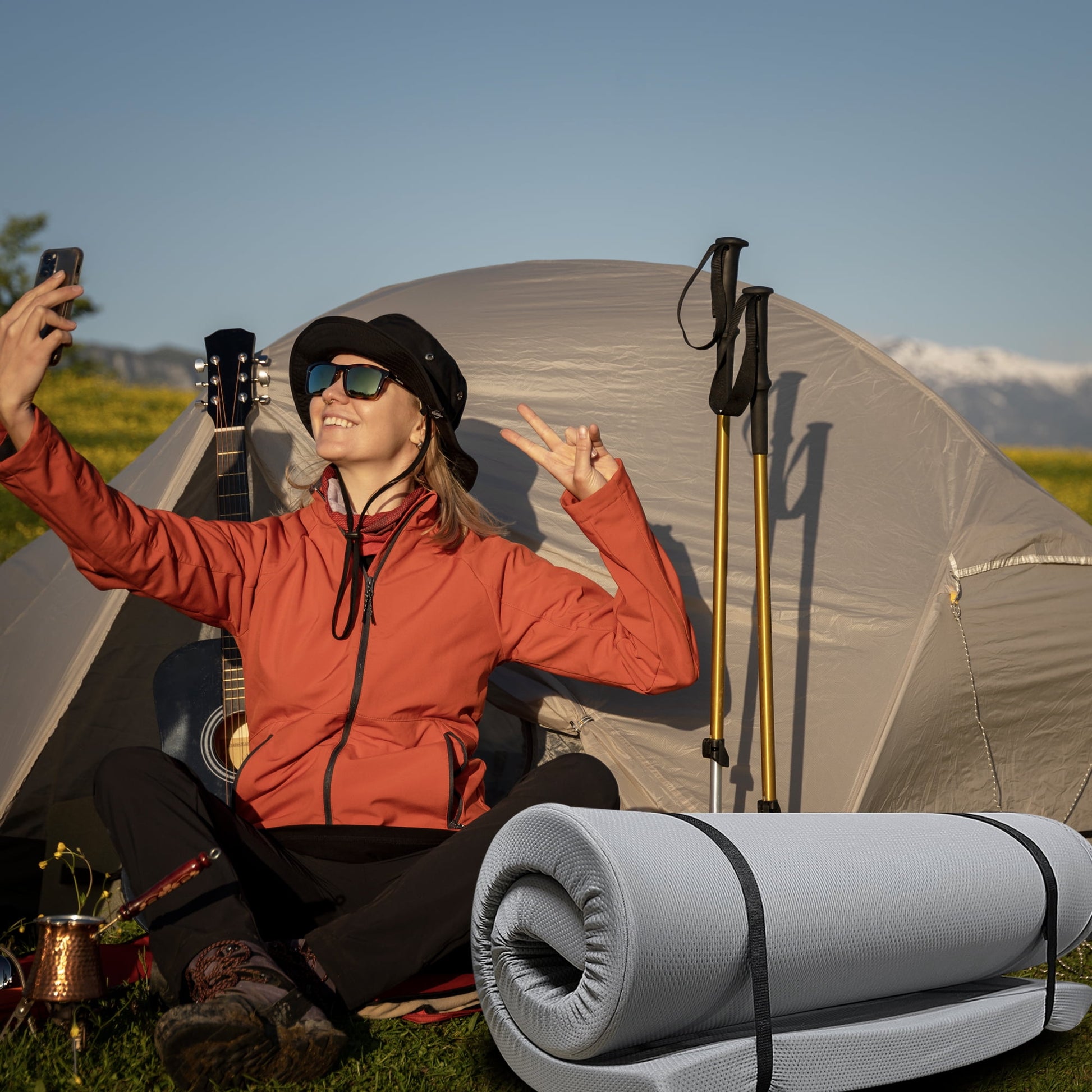 Yoneston Memory Foam Camping Mattress Pad, Portable Roller Sleeping Pad for RV Car Tent Camping SUV Outdoor Cot Mattress, Gray 75"x30"x4"