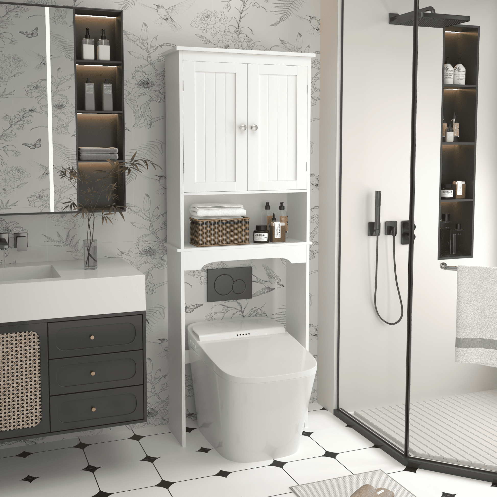 Yoneston Over The Toilet Storage Cabinet with Adjustable Shelves, Wood Bathroom Space Saver with Door, White