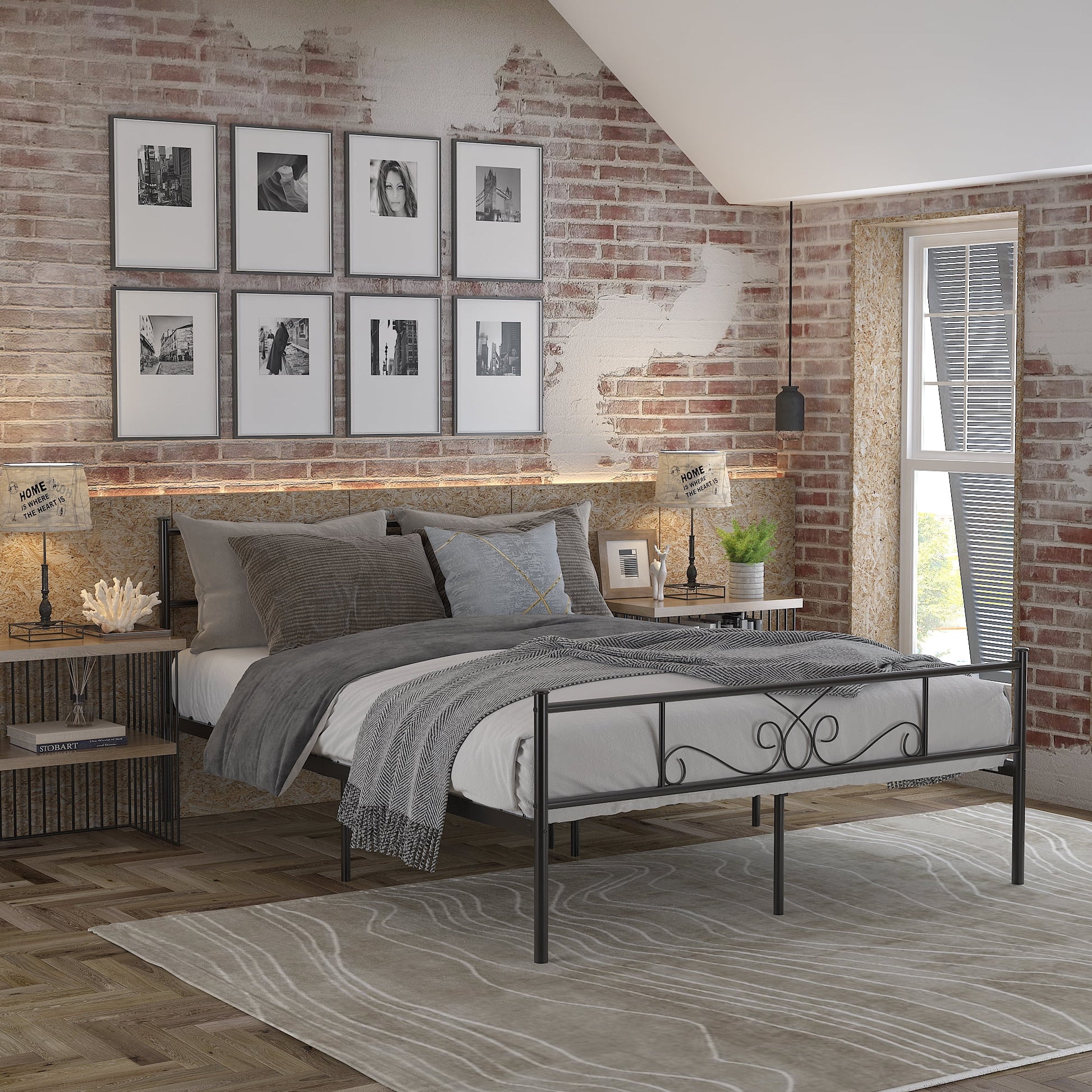 Platform Metal Bed Frame Foundation Headboard Furniture Bedroom Full Size