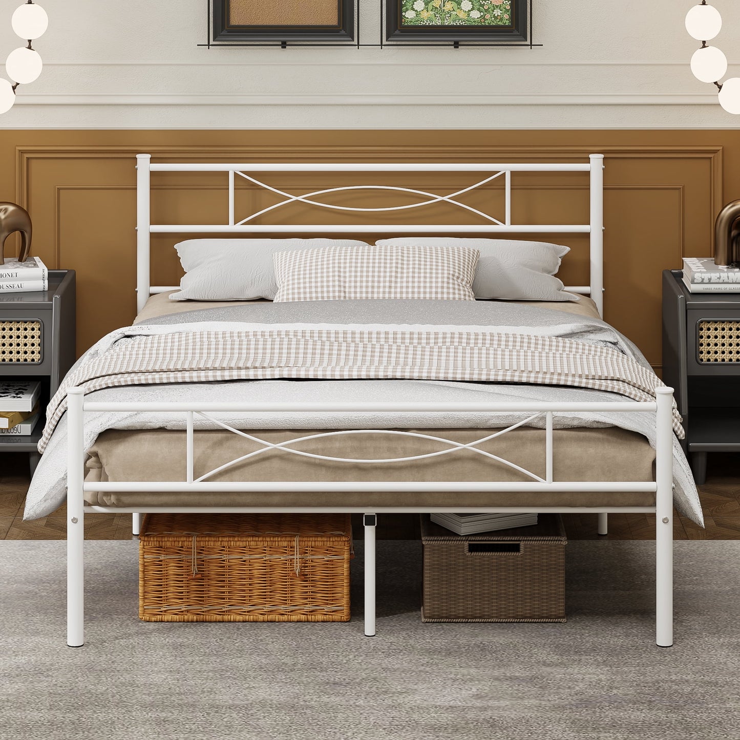 Yoneston Queen Size Metal Bed Frame with Headboard and Footboard Heavy Duty Bed for Bedroom, White