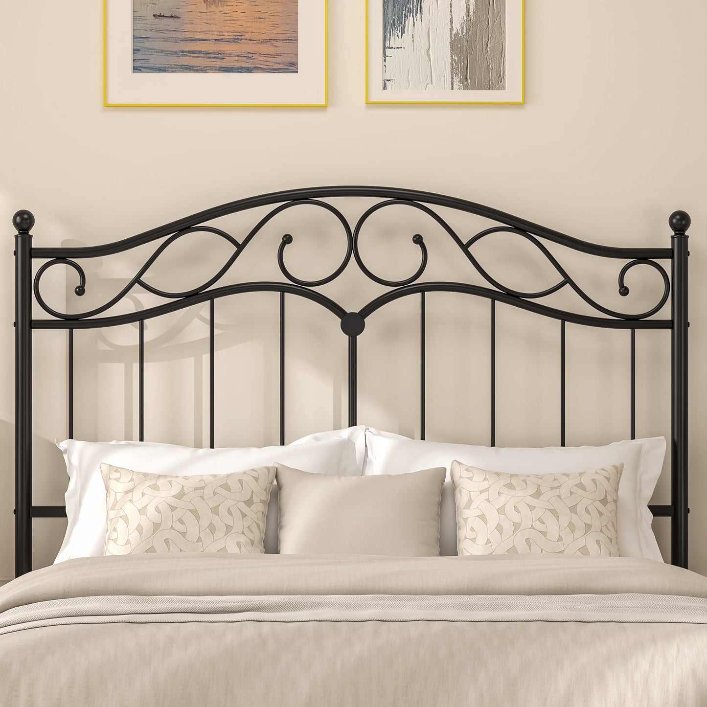Yoneston Retro Sturdy Cute Scrolled Metal Full Size Headboard with Adjustable Height for Full Beds, Black