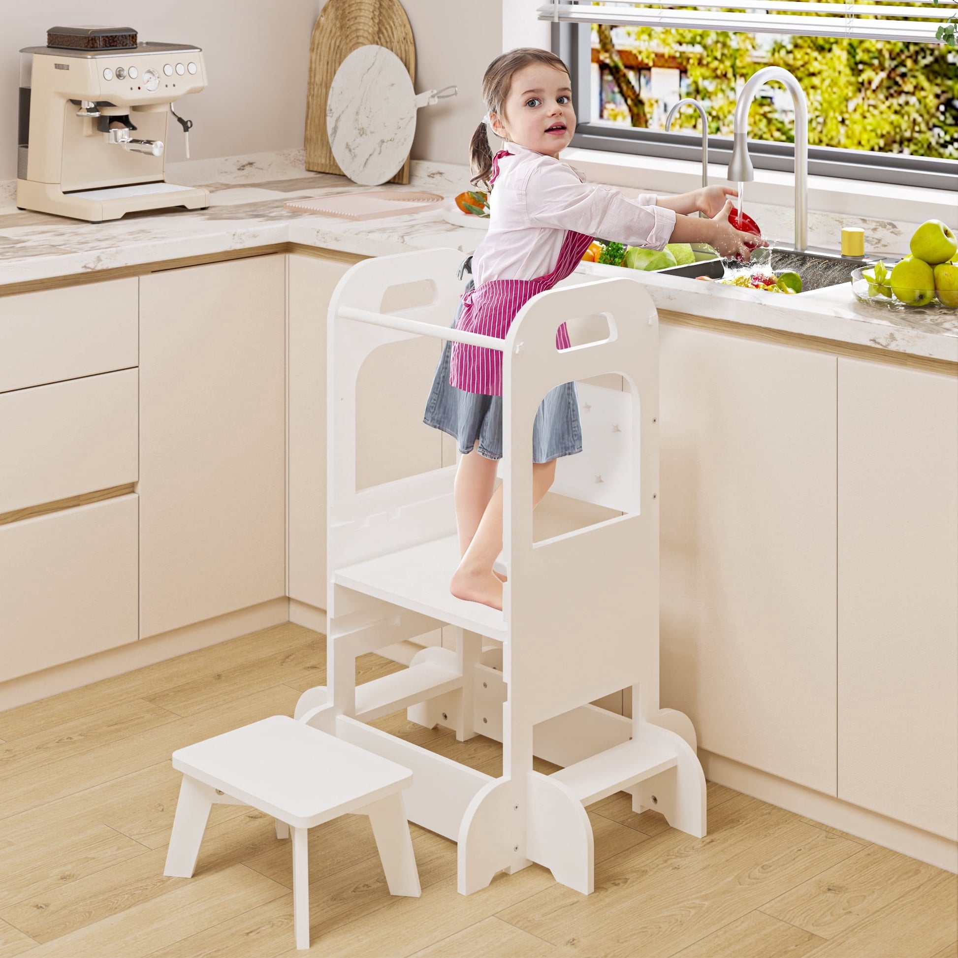 Yoneston Toddler Tower with Stool, Sky Pattern Designed Toddler Kitchen Kids Step Stool Helper with Safety Protection, White