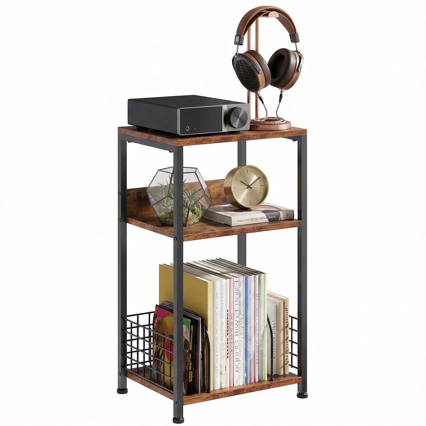 edx 3-Tier CD Storage Rack & Record Player Stand, Multi-Use Organizer with U-Shaped Dividers, Anti-Rust & Sturdy, for Home/Office/Bedroom,Rustic Brown