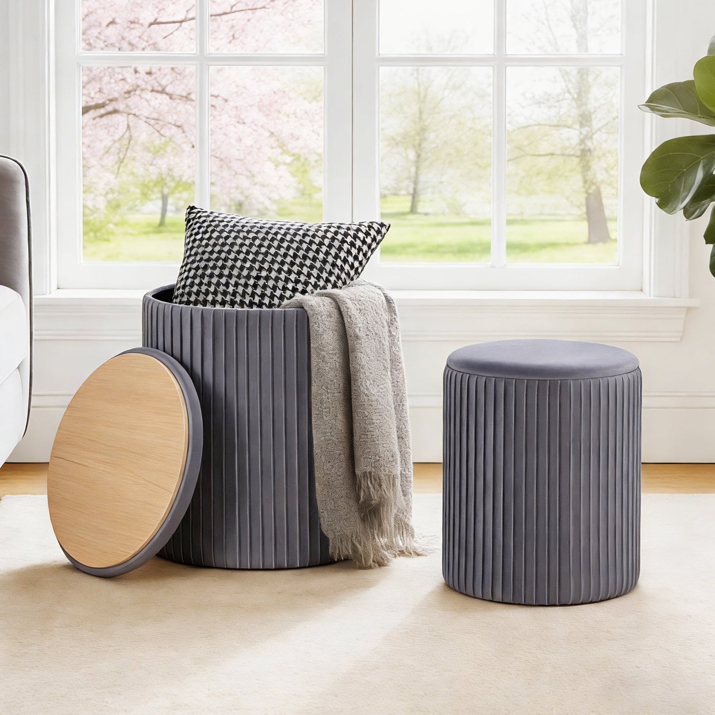 ZUNMOS 2-Piece Round Storage Ottoman Set - Velvet Vanity Stool with Storage, Green Small Footstool for Bedroom & Living Room, Multi-Use Coffee Table Ottoman, Gray