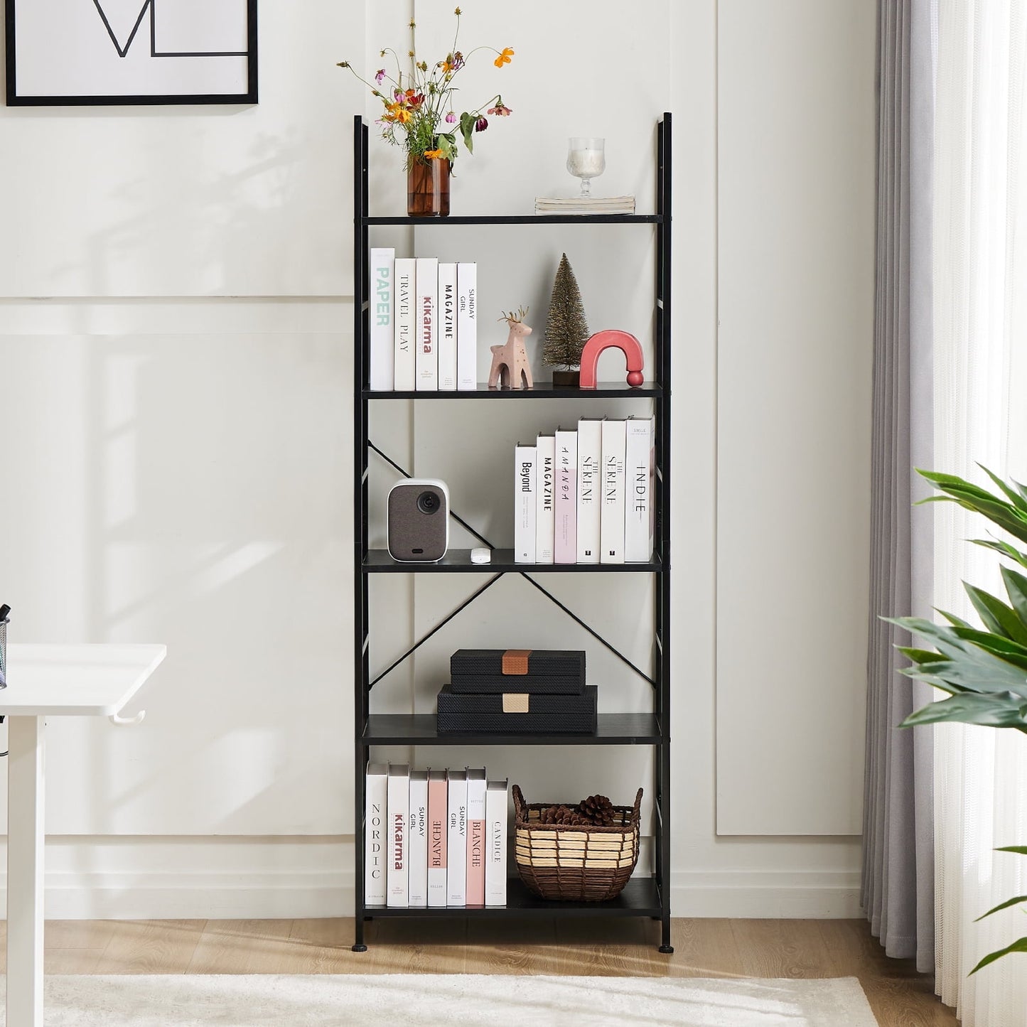 ZUNMOS 5-Tier Bookshelf, Steel Shelf Bookcase, Living Room Bookcase, Storage Shelves, Office, Study, Living Room, 11.8" W  x 23.6" D x 62.2 " H, Industrial Style, Black